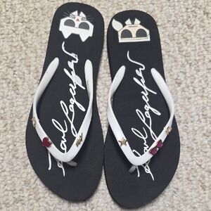 Karl Lagerfeld Black and White Flip Flop Sandals with Gold & Pink Accents